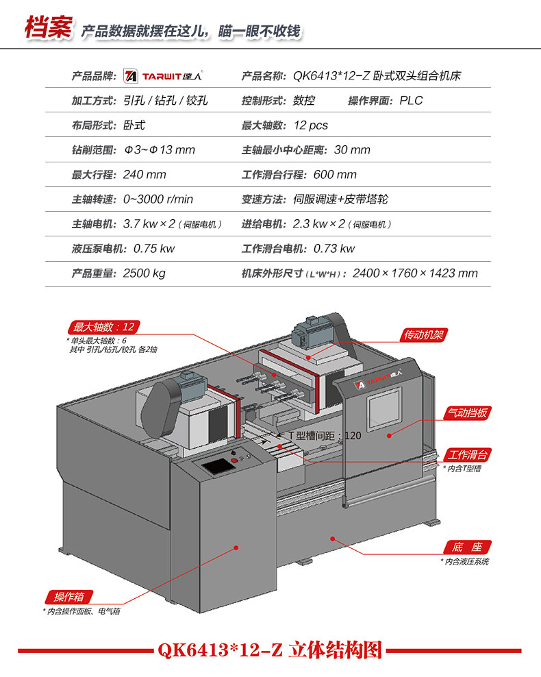 達人QK6413*12-Z臥式雙頭多功能組合機床產品參數